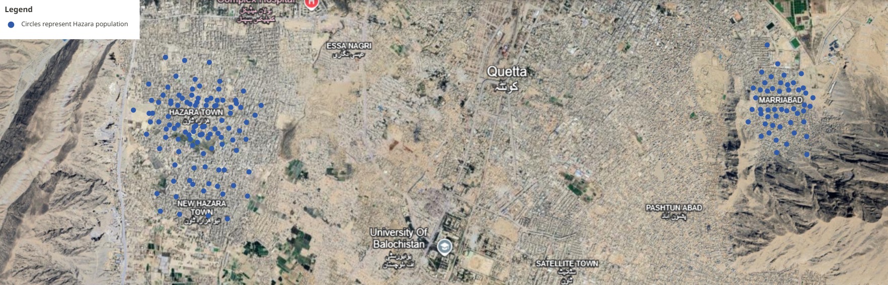 Satellite map of Quetta showing Hazara population clusters concentrated in Hazara Town and Mariabad